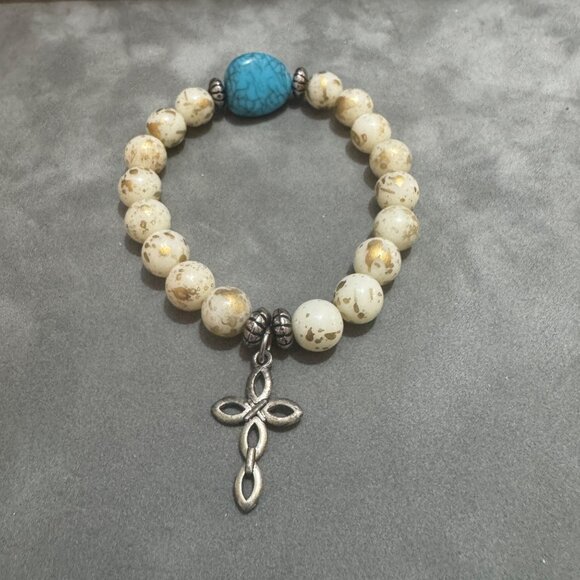 Turquoise Stone Cream and Gold Beaded Stretch Bracelet With Cross Charm - Picture 2 of 4